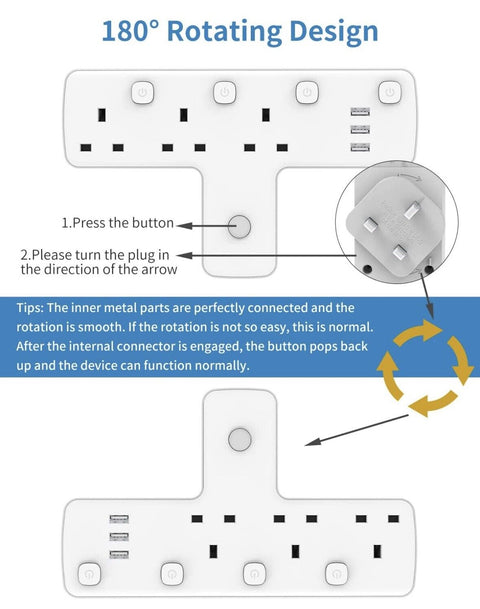 Mscien T Plug Extension with 3 USB Wall Socket 3 Way Electric Plug Adaptor