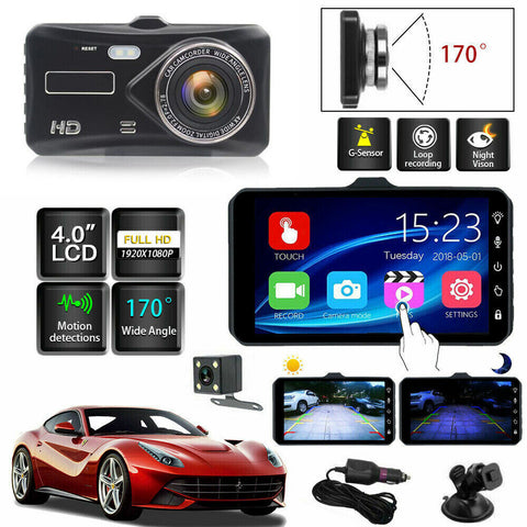 4" In Car Camera Recorder Dual Front and Rear HD 1080P Dash Cam Night Vision