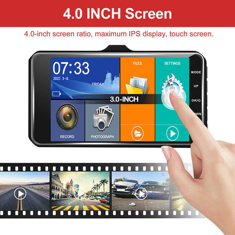 4" In Car Camera Recorder Dual Front and Rear HD 1080P Dash Cam Night Vision