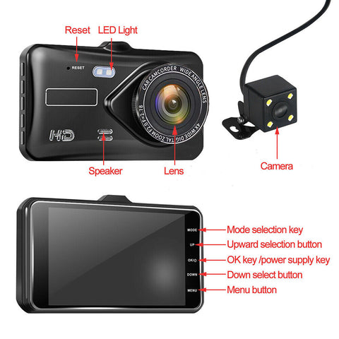 4" In Car Camera Recorder Dual Front and Rear HD 1080P Dash Cam Night Vision