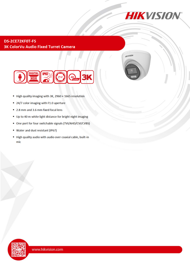 Hikvision ColorVu 3K CCTV DS-2CE72KF0T-FS 6MP