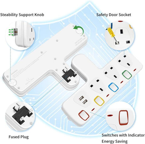 Mscien T Plug Extension with 2 USB Wall Socket 3 Way Electric Plug Adaptor